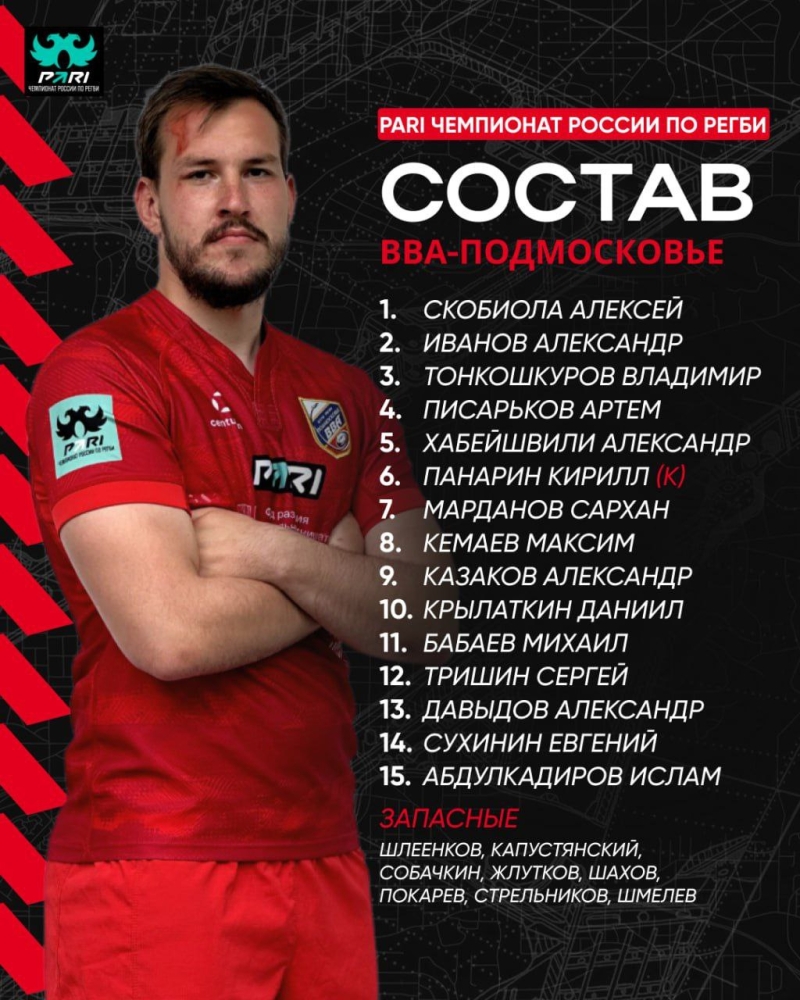 Состав команды на  матч 16 тура PARI Чемпионата России по регби